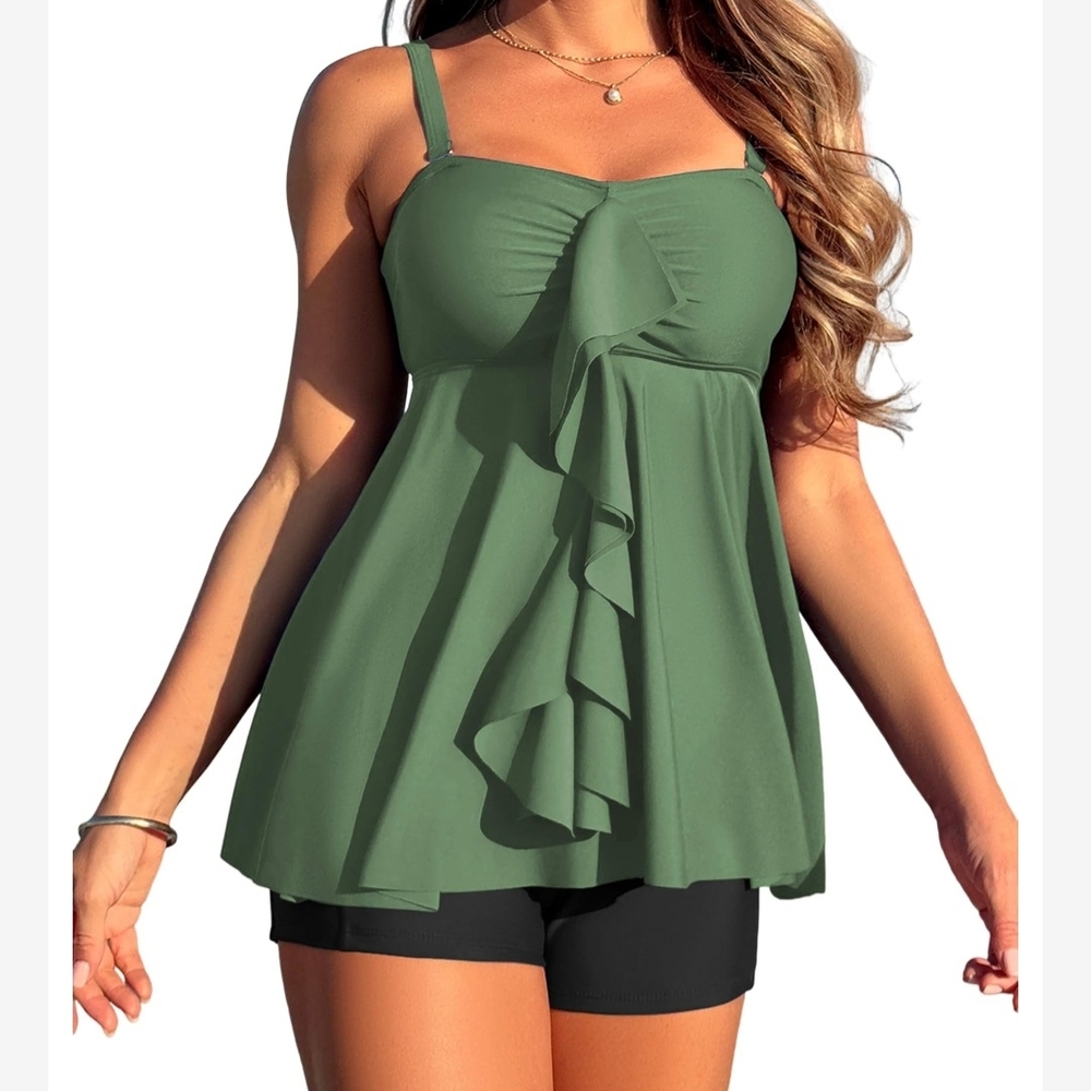 Zaful Olive Green Ruffle-Trim Tankini Top With Shorts-size 6‎ Swimsuit Swimwear